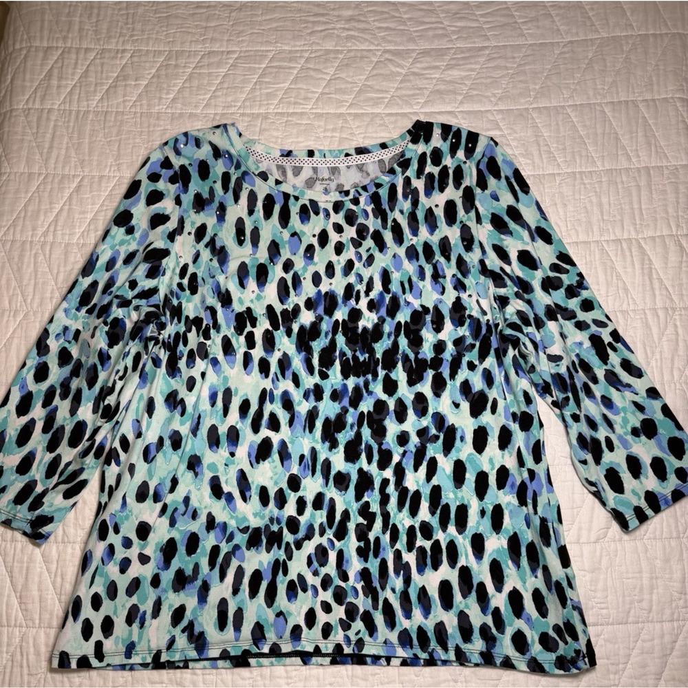 Rafaella top 3/4 sleeve knit sequins blue black animal print size 2X